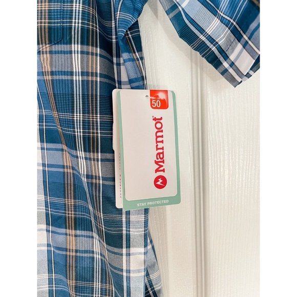 NWT Marmot Lykken Plaid Short-Sleeve Performance Woven Shirt - Varsity Blue - Picture 5 of 8